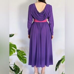 Elegant Vintage Ruched 80’s Purple & Pink Dress Rare Bat Sleeve